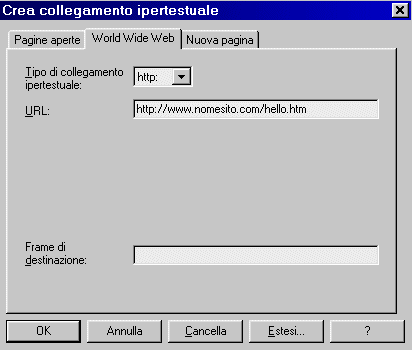La finestra di dialogo "Crea collegamento ipertestuale"