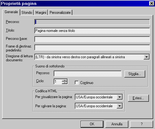 La finestra "Propriet pagina" di FPE