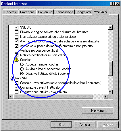 Disabilitare cookies con Internet
Explorer 4.0